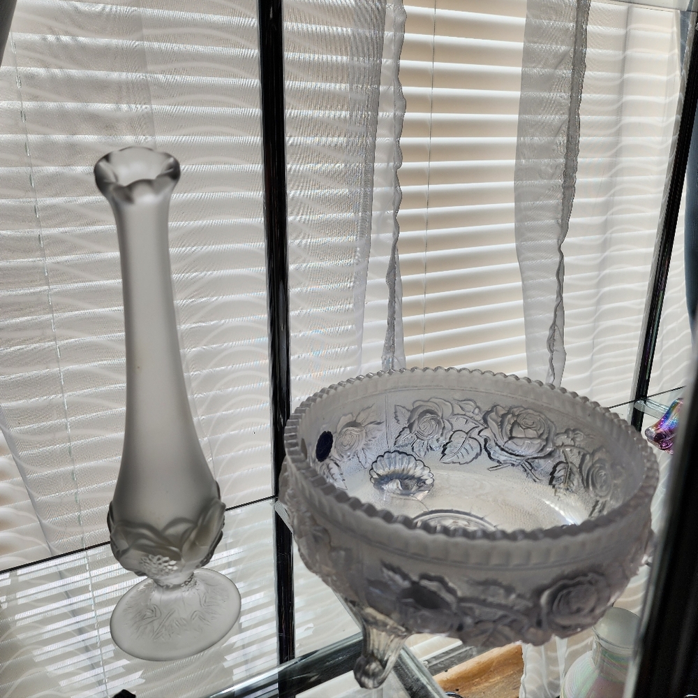 Vintage White Frosted Fenton Vase & Imperial Bowl